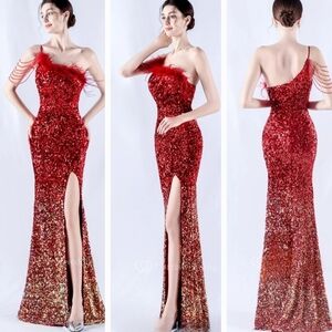 Red and Gold Sequin One Shoulder Slit Gown